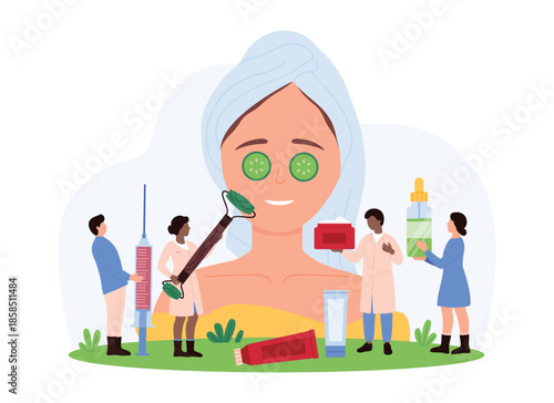 Scientists conducting advanced skincare treatments. One applies a roller, another handles a large syringe, while others hold cosmetic products, representing modern cosmetology vector illustration.