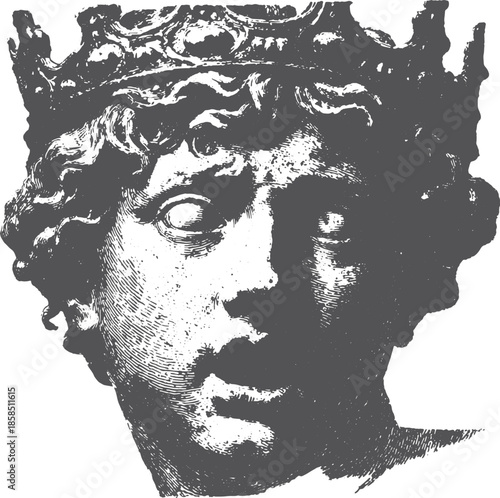 Illustration of a king's head with a crown in vintage style. Detailed vector illustration showcasing facial expression and regal features.