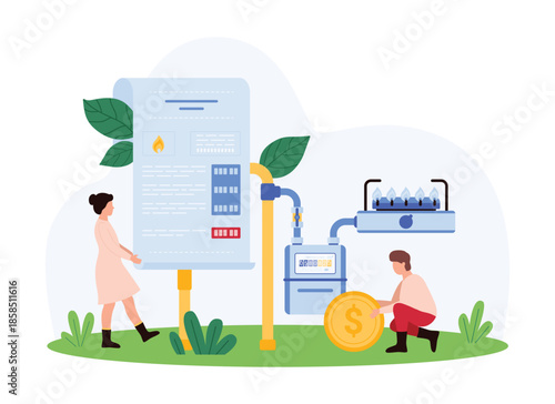 individuals analyzing energy consumption and associated costs, with large bill, gas meter, and monetary symbols, emphasizing efficient resource management and cost-saving vector illustration.