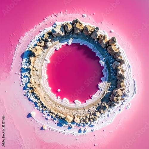 Circular pink lake ringed by rocks