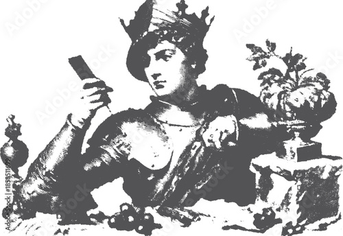 King with a crown seated at a table. Historical vector illustration features a black and white regal set with grapes and a vase.