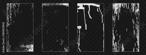 Frames set with white paint stroke effect. Vector realistic illustration of grunge poster texture, color spray, drip, splash on surface, street art graffiti design, old poster with noise and distress