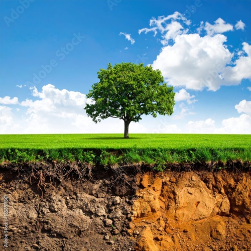 Green tree on a grassy plain, roots in soil