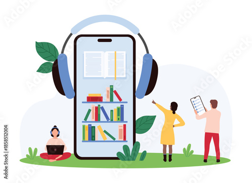 Digital library for self education, study with science literature, ebooks and audiobooks. Tiny people learn and read open books on library shelf of smartphone screen cartoon vector illustration