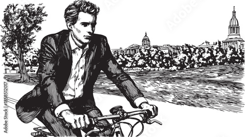 Bicycle rider in a suit. Sketch-style outdoor vector illustration showing a man moving through a park with trees and buildings in the background.