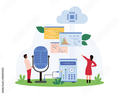 Machine learning, AI assistant training using cloud services. Tiny people work with software code and cloud storage, voice commands and settings for communication with bot cartoon vector illustration