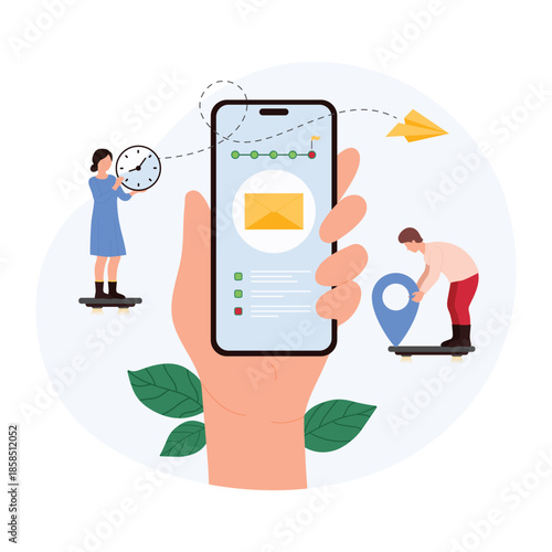 Mail delivery tracking in mobile app. Big hand holding smartphone with envelope and timeline chart with flag on screen, tiny people check delivering status and time cartoon vector illustration