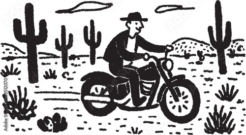 Motorcycle rider in a black and white desert landscape. Simple vector illustration featuring cacti and a minimalist design set in the wilderness.