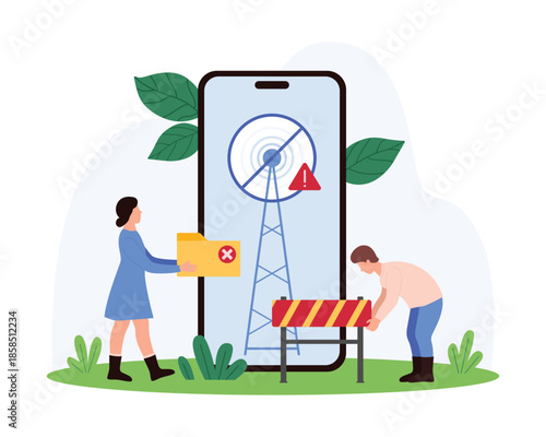 Technicians address mobile network issue, represented by a large phone displaying a signal error. Technician holds a folder, another sets up a barrier, emphasizing troubleshooting vector illustration