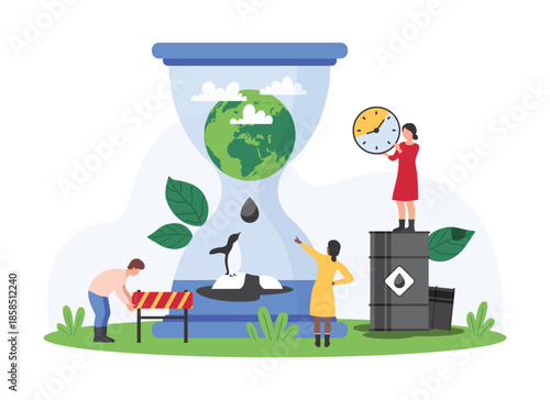 Environmentalists and workers manage oil pollution, giant hourglass with a globe and oil drop. The scene features oil barrels and a clock, highlighting the urgency of conservation vector illustration