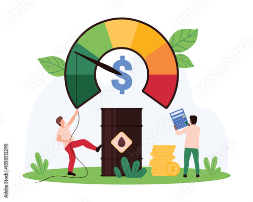 Individuals analyze oil prices with a giant gauge, oil barrel, and stacks of coins. One person uses a calculator, another adjusts the gauge, symbolizing economic fluctuations vector illustration