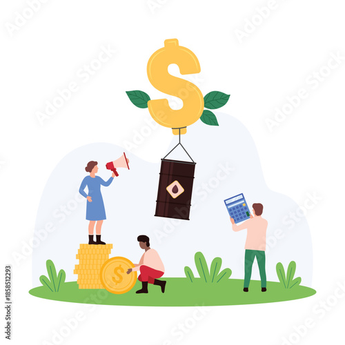 Team discusses oil prices with a giant dollar sign and oil barrel. One person uses a megaphone while another holds a calculator, emphasizing financial analysis and market trends vector illustration