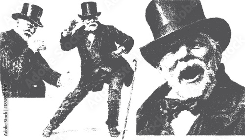 Vintage man in a top hat and suit with expressive gestures. This black and white vector illustration captures a classic character from a theatrical set.