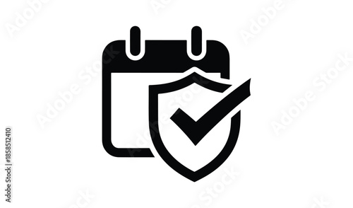 Solid black calendar icon with protection shield and checkmark for scheduled security