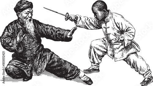 Martial arts fight with a master and student using a sword. Traditional black and white vector illustration depicting dynamic action in practice.