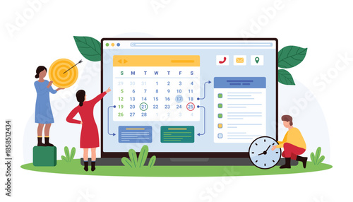 Team uses a large digital calendar to manage tasks and schedules. Scene includes a target, clock, and charts, highlighting efficient planning and coordination vector illustration