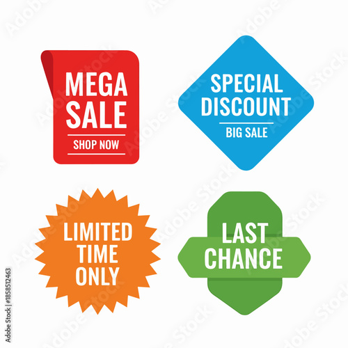 Bold promotional sale stickers designed for marketing and advertising use