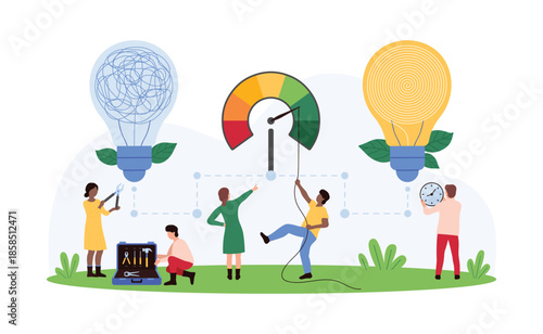 Success boost of productivity, efficiency growth. Tiny people pull speedometer arrow of productive work to maximum, improve performance indicators in bright light bulb cartoon vector illustration
