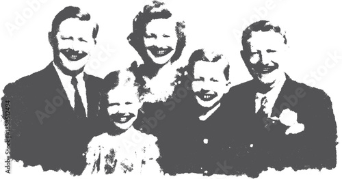 Vintage family portrait featuring a happy group. The black-and-white photograph captures joyful smiles, showcasing a memorable moment in a vector illustration set.