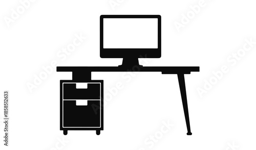 Modern office desk silhouette with computer monitor and storage drawers furniture