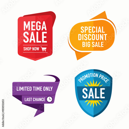 Sale tags. Retail sales stickers, promotion price label and store pricing banner sticker isolated vector set. Retail sales stickers