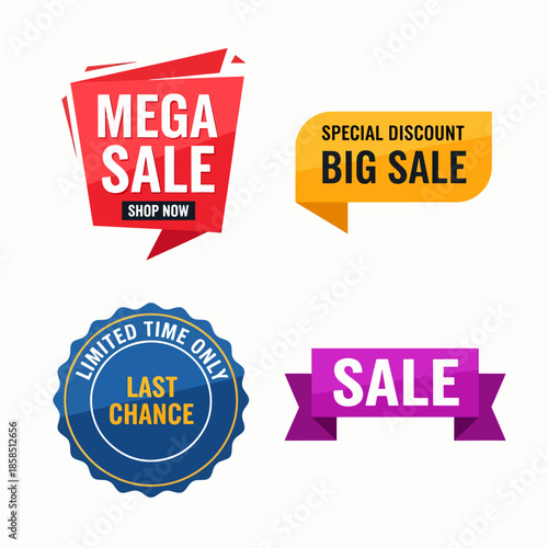 Sale tags. Retail sales stickers, promotion price label and store pricing banner sticker isolated vector set. Retail sales stickers