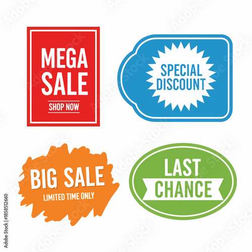 Sale tags. Retail sales stickers, promotion price label and store pricing banner sticker isolated vector set. Retail sales stickers
