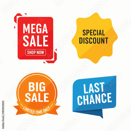 Realistic colourful sale labels, discount price tags mockups. Paper gift label with rope, promotional sales hanging tag vector template set