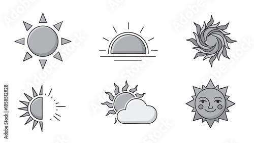 Collection of simple weather icons representing various sun and cloud conditions