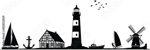 Nautical coastal panorama silhouette set, lighthouse, sailboat, anchor, maritime cottage, windmill and fishing boat icons, black beach travel vector graphics, isolated ocean elements,