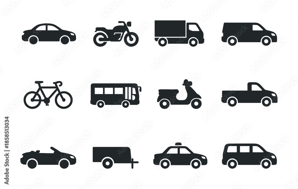 Fototapeta premium Minimal black silhouette icons of assorted vehicles including car, motorcycle, truck, van, bicycle, bus, scooter, convertible, trailer, taxi, and minivan