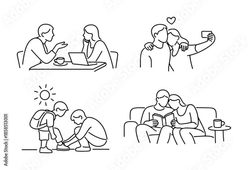 Minimal line art set depicting romantic couple moments: coffee date, taking a selfie, tying shoelaces outdoors, and cuddling on a sofa reading together