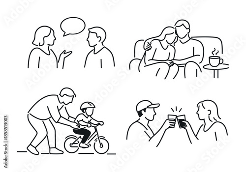 Minimal line art of people talking, a couple cuddling on a sofa with coffee, a parent teaching a child to ride a bicycle, and friends toasting drinks