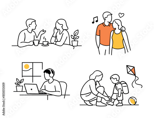 Minimal line art illustration of family life moments: couple chatting, embracing, working with headphones, and parent tying a child's shoes