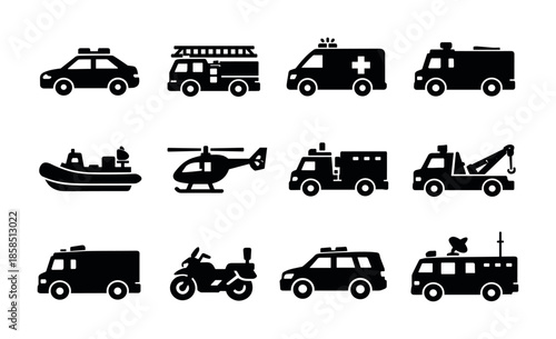 Black silhouette set of emergency and rescue transportation icons including police, fire engine, ambulance, tow truck, helicopter, boat, and vans