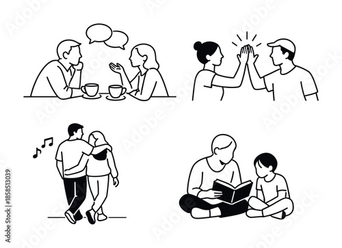 Minimal line illustrations showing social interaction scenes: conversation over coffee, high-five celebration, couple walking together, and adult reading to child