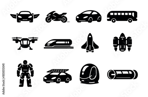 Set of black transportation and technology icons including cars, motorcycle, bus, drone, train, rocket, jetpack, robot, and battery silhouettes