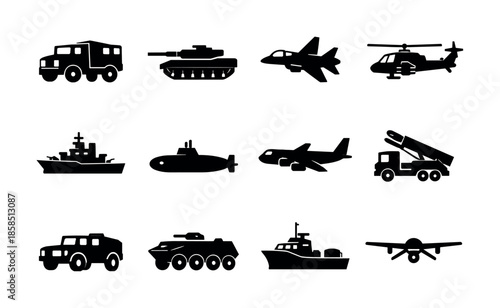 Set of black military vehicle silhouettes including tank, fighter jets, helicopter, ships, submarine, armored car, missile launcher, and drone icons