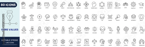 Core values line icon set. Includes teamwork, efficiency, productivity, love, friendship, success and more. Editable stroke. Vector illustration.