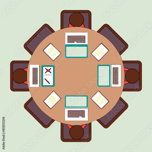 Top view round table meeting teamwork, business office, laptop, document, collaboration, planning
