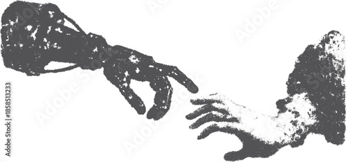 Robot hand reaching out to touch human hand. Simple black and white vector illustration showcasing a modern concept of connection.