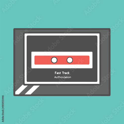 Retro cassette audio tape fast track authorization label minimal vintage teal background playful retro vibe