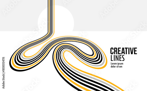 Linear composition vector road to horizon, abstract background with lines in 3D perspective, optical illusion op art, black and yellow colors.