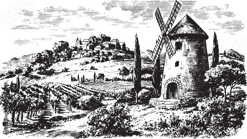 Rustic windmill on a hill surrounded by vineyards. Black and white landscape vector illustration showing rural scenery and agricultural elements.