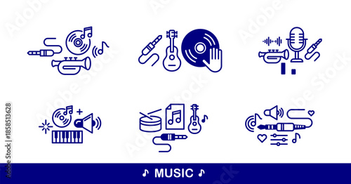 Music and recording studio vector detailed icons set, sound producing and audio engineering bundle, playing instruments.
