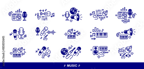 Music and recording studio vector detailed icons set, sound producing and audio engineering bundle, playing instruments.