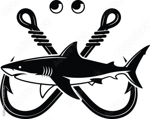 Shark with crossed fishing hooks vector illustration, marine predator icon, black maritime sport fishing graphic, isolated aquatic wildlife element, deep sea adventure,