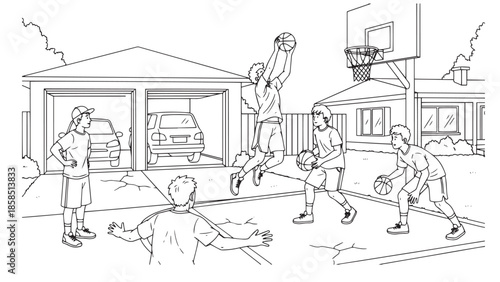 Vector line art illustration of a group of five boys playing basketball in a suburban driveway with a garage and house background, featuring action poses like jumping for a dunk and dribbling