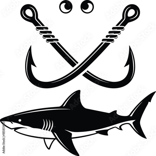 Shark with crossed fishing hooks vector illustration, marine predator icon, black maritime sport fishing graphic, isolated aquatic wildlife element, deep sea adventure,