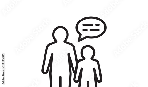 Parent and Child Communication Icon, Outline Illustration of Adult and Little Kid with Speech Bubble for Family Support